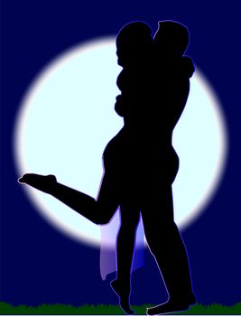 Kissing lovers silhouette against a giant full moon.