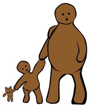 A teddy bear type nondescript mother and child isolated on a white background
