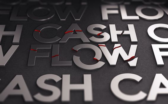 3D illustration of the text cash flow over black background. The words are broken. Concept of crisis and companies solvency.