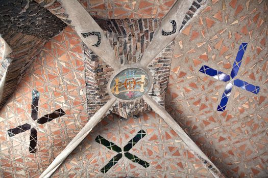 Santa Coloma de Cervello, Spain - 15 January 2019: Church of Colonia Guell ceiling close-up