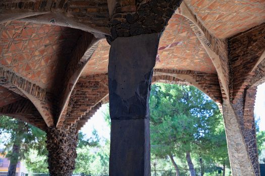 Santa Coloma de Cervello, Spain - 15 January 2019: Church of Colonia Guell ceiling close-up