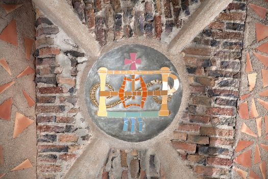 Santa Coloma de Cervello, Spain - 15 January 2019: Church of Colonia Guell ceiling close-up