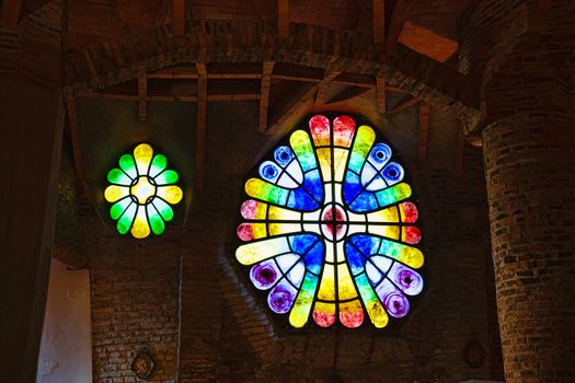 Santa Coloma de Cervello, Spain - 15 January 2019: stained glass window