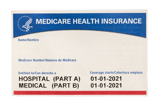 Blank and empty unfilled USA medical insurance medicare card isolated against a white background