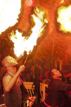 LOREO, ITALY 24 MARCH 2020: Fire eaters They perform a show to the public
