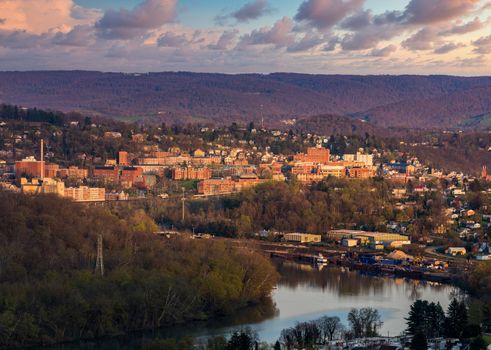 The downtown campus buildings of the university in West Virginia in the town of Morgantown, WV at sunset