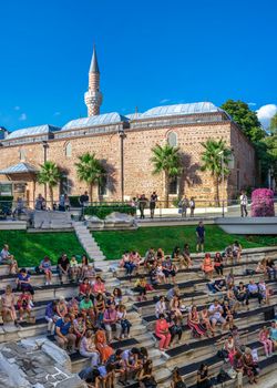 Plovdiv, Bulgaria - 07.24.2019. Dzhumaya Mosque in the Plovdiv downtown, Bulgaria. Big size panoramic view on a sunny summer day