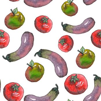 Watercolor Vegetables Seamless Pattern with eggplant, apple and tomato