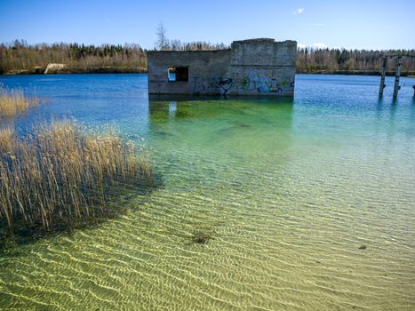 Abstract Water surface of a lake. Abandoned Quarry Of Rummu, Estonia. Panoramic View. Copy space. Quarry Of Rummu. Estonia
