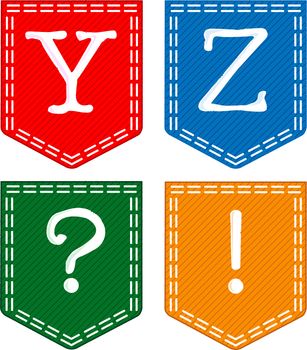 Four fabric pockets with the letters Y and Z with a question mark and an exclamation mark.