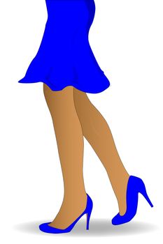 A womans legs walking in high heals and wearing in a blue skirt.