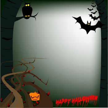 A scary halloween woodland scene with bats and an owl.