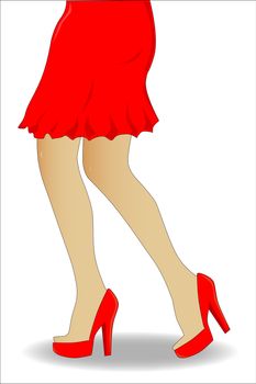 A womans legs in a red skirt and high heals walking.