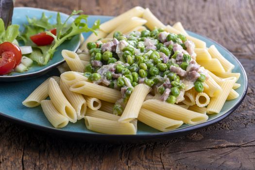 rigatoni emiliana on dark rustic wood