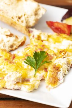 closeup of scrambled eggs on a plate