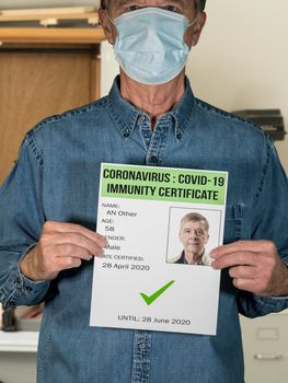 Male blue collar worker concept of immunity testing and certification to allow people to go back to work after negative test