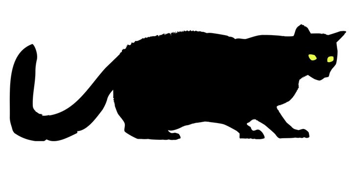 The silhouette of a cat with yellow eyes isolated over a white background.