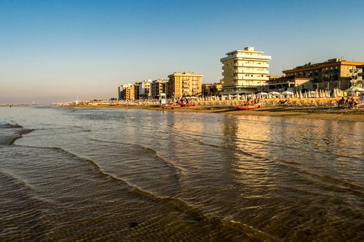 View of the beach and the town of Igea Marina on the Adriatic coast of Italy near Rimini