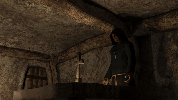 Monk - priest - in front of the cross in the crypt - 3D rendering