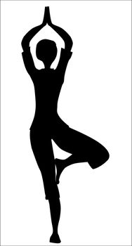 The tree asana is silhouette against a white background
