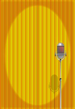 A microphone ready on stage against a bright yellow curtain.