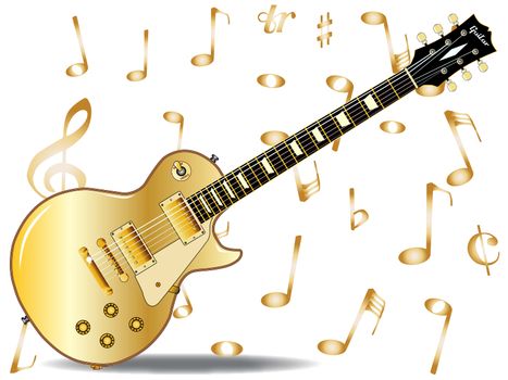 The definitive rock and roll guitar with a gold painted top, isolated over a white background with musical notes.