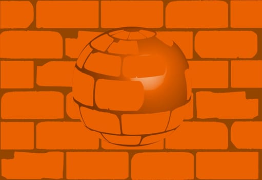 A sphere created from old house bricks set against a brick wall.