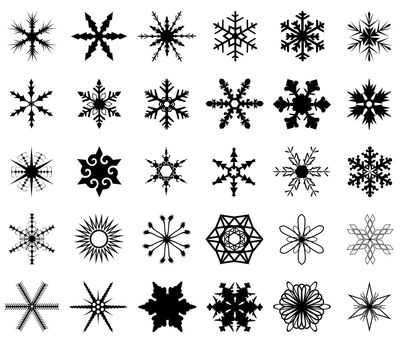 A collection of 30 different snowflakes isolated on a white background