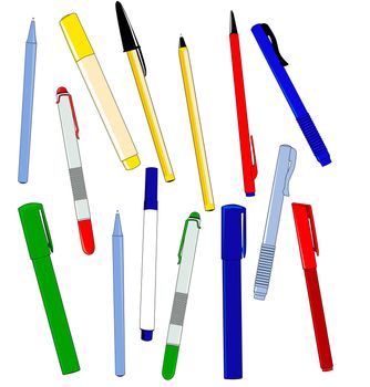 A collection of office pens in assorted colours all isolated on white.