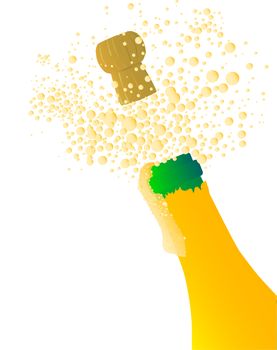 Champagne bottle being opened with froth and bubbles over a white background