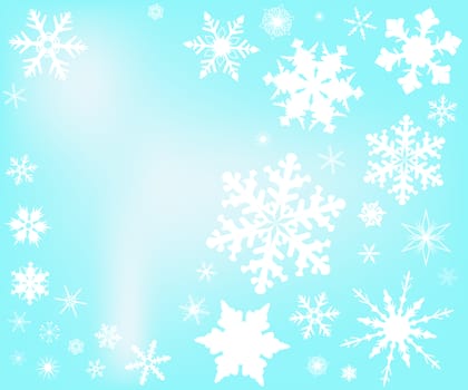 A backdrop of falling snowflakes against a light blue sky background.