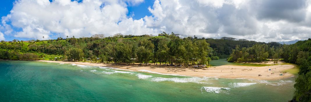 Aerial panoramic image off the coast over Kalihawai beach on Hawaiian island of Kauai