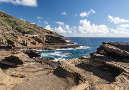 View from Halona Blowhole along the eroded coastline on the east coast of Oahu