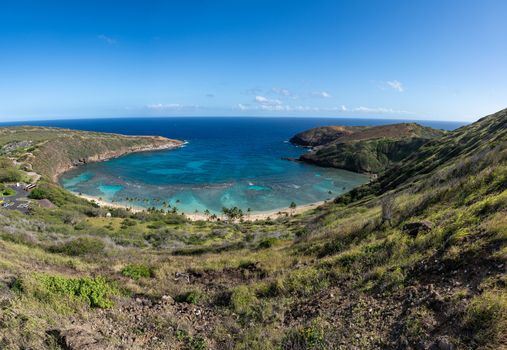 Panoramic view of the clear water of Hanauma Bay nature preserve near Waikiki on Oahu, Hawaii