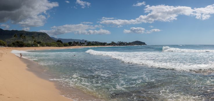 Panorama of the bay and sand of Makaha beach park on the extreme west coast of Oahu in Hawaii