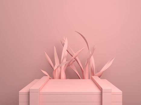 Pink pastel background with stone slab and plants behind it 3d rendering illustration.
