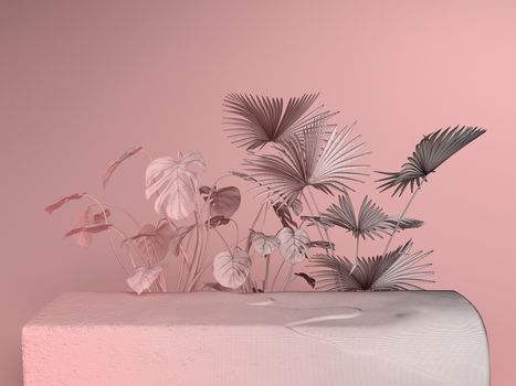 Pink pastel background with stone slab and plants behind it 3d rendering illustration.