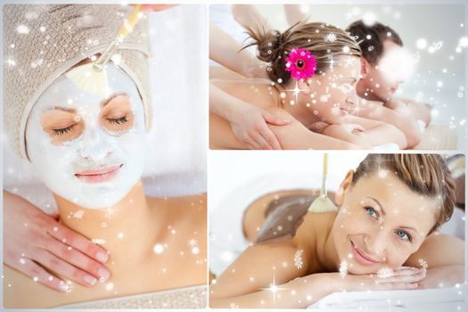 Collage of an attractive couple having relaxation treatments against snow falling