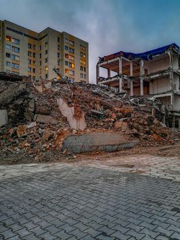 Urbex of destructed building in Warsaw center at cloudy afternoon