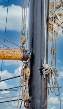 Ropes and Rigging on Black Mast of a tall sailing ship