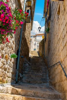Narrow street in the old town of Perast, Montenegro
