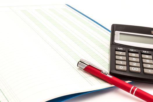 Calculator and pen and booklet bank on white background, isolated
