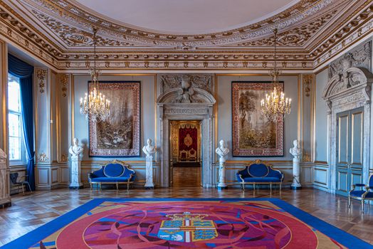 Interiors of royal halls in Christiansborg Palace in Copenhagen, Denmark, imperial room with antique furnishings