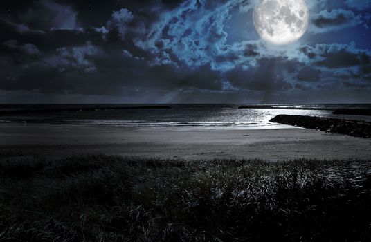 Scenery Coast Night Moon Clouds Nature photo. landscape photography, night time. Night Moon Lights.