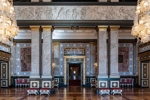 Interiors of royal halls in Christiansborg Palace in Copenhagen, Denmark, imperial room with antique furnishings