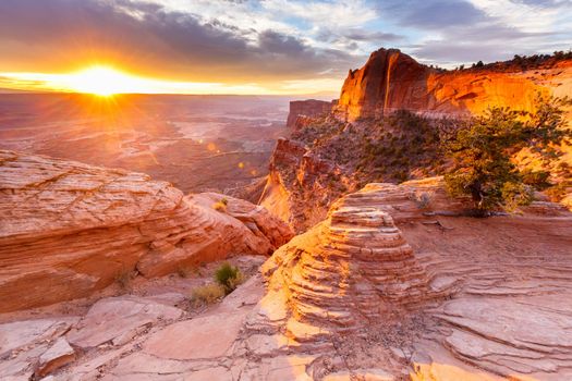 Panoramic view of amazing hoodoos sandstone formations in scenic Bryce Canyon National Park in beautiful golden morning light at sunrise with dramatic sky and blue sky, Utah.