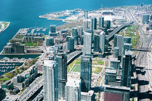 Toronto downtown and harbor aerial view from CN Tower.