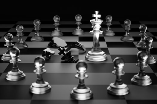 King of clear white chess has made checkmate king of black chess in dark black background. Concept of the strategic planning of leadership for victory in the competition of business games. 3D render.