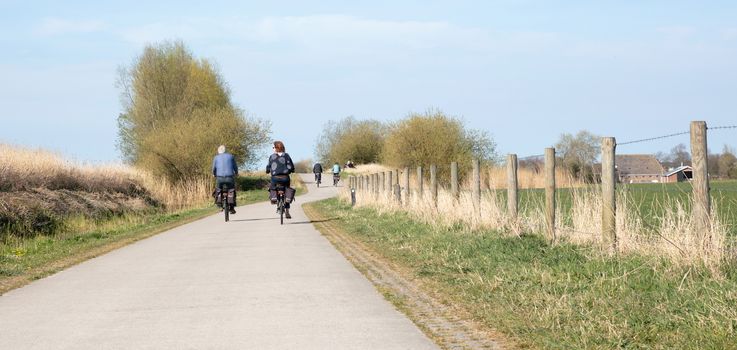 Rear view of people riding bikes on bicycle path in the Netherlands