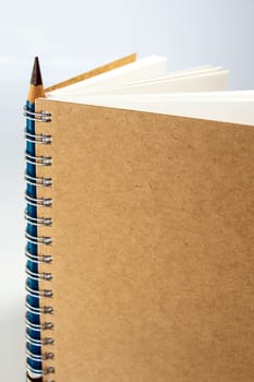 The spiral notebook with pencil at the spine